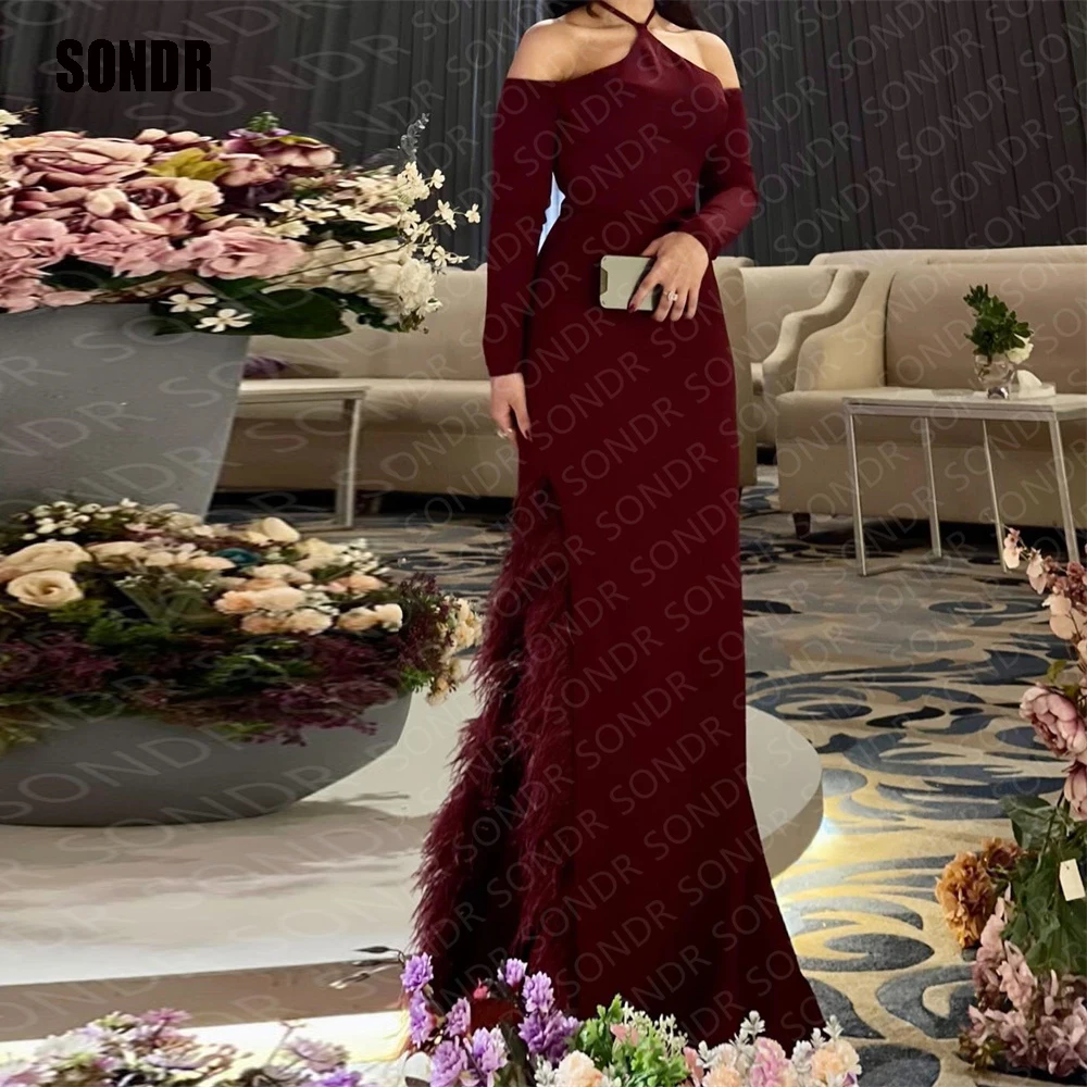 

SONDE Wine Red Feather Long Evening Dress Full Sleeves Halter Side Slit Formal Party Night Dresses Gowns Robe De Soirée 2023