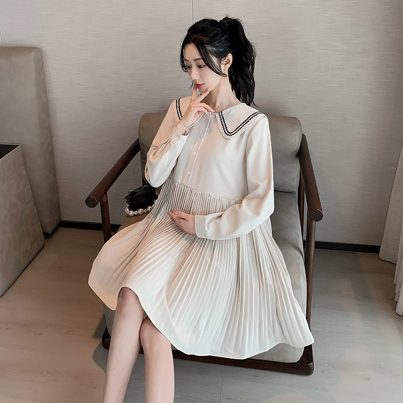 Korean Style Spring Autumn Maternity Chiffon Dress Long Sleeve Peter Pan Collar Pregnant Woman Pleated Dress Pregnancy Shirts
Korean Style Spring Autumn Maternity Chiffon Dress Long Sleeve Peter Pan Collar Pregnant Woman Pleated Dress Pregnancy Shirts