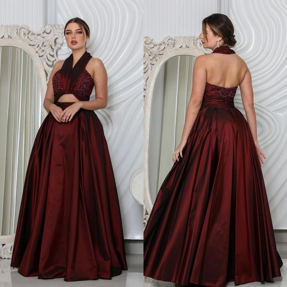 

Ball Mesprit Elegant Retro Halter A-line Evening Dresses Prom Paillette Satin Floor Length Custom Dress Saudi Arabia