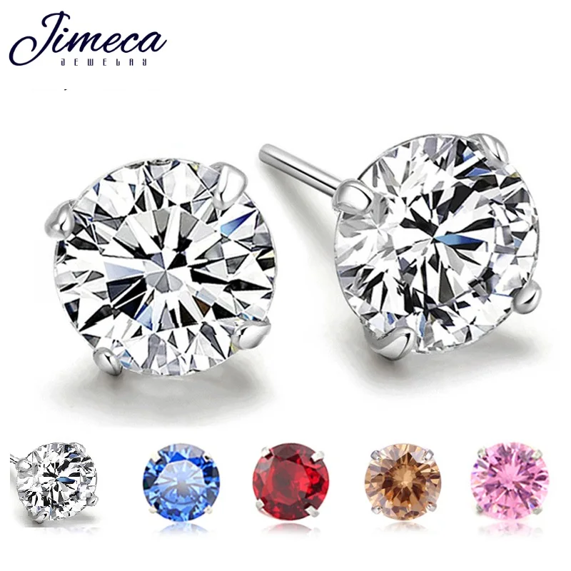 

5pairs Colorful cubic zirconia Siver 925 Stud Earrings with 6mm round charms small ear piearcing stud blue red champagne