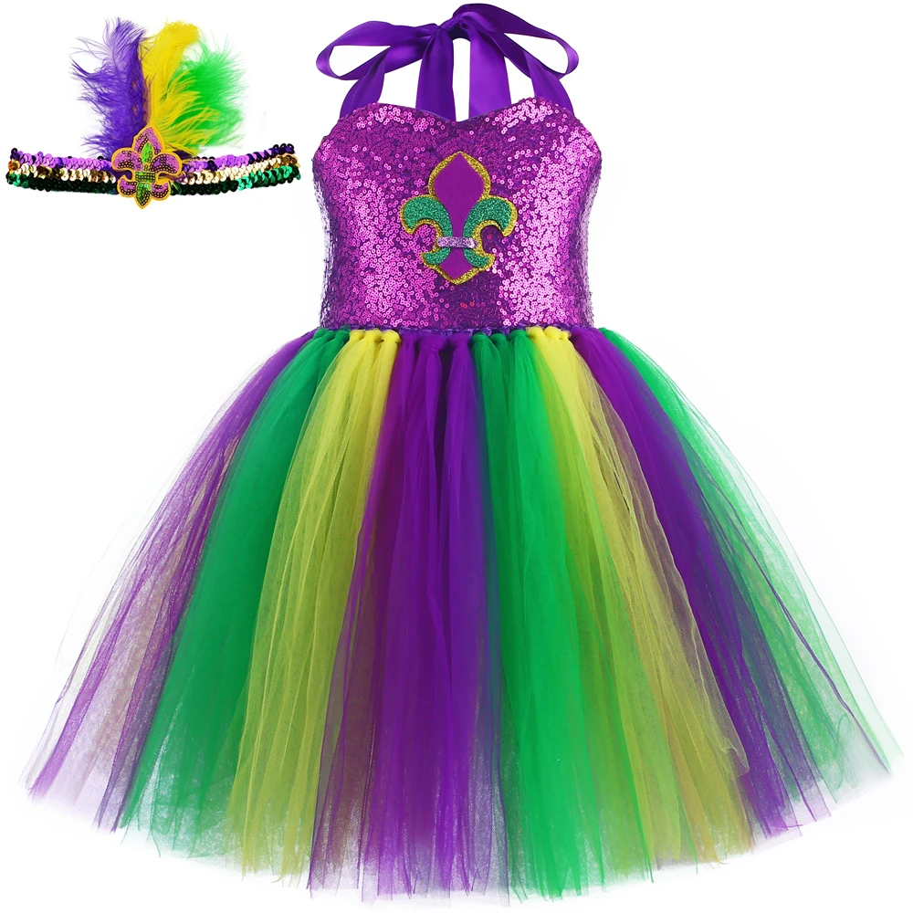 

Sequins Mardi Gras Dress for Girls Halloween Masquerade Carnival Festival Costume Kids Fancy Tutu Dress Clothes with Headband