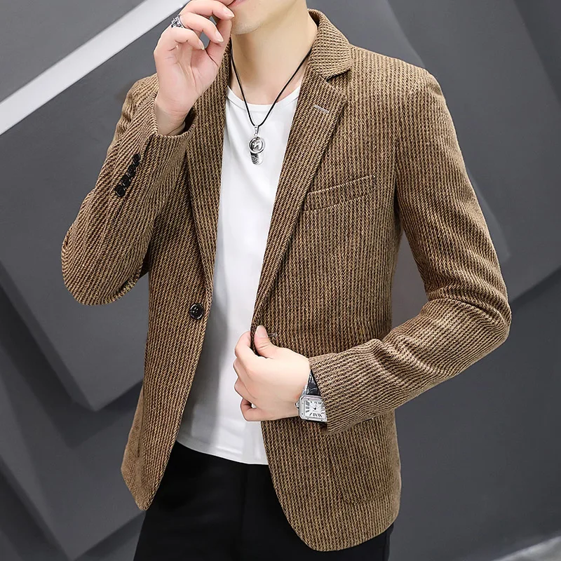 

2023New High Quality Fashion Handsome Business Vertical Strip Loose Suit Men's Wool Slim Small Suit Formal Single West Coat Coat