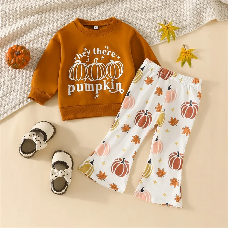 

2023-08-21 Lioraitiin 6M-4T Toddler Kid Girl Halloween Clothes Set Pumpkin Print Long Sleeve Sweatshirt and Flared Pants Outfits