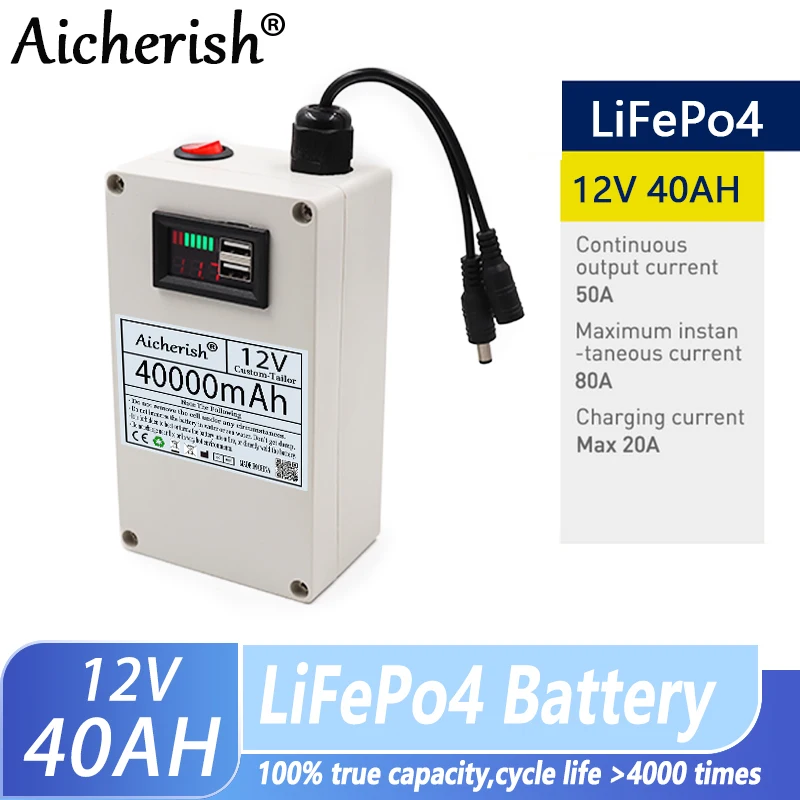 Aicherish 12V LiFePO4 Rechargeable Battery 12.8V 20Ah 30Ah 40Ah 50Ah 60Ah Life Cycle 4000 Deep Cycles, Built-in Bms Protection 
Aicherish 12V LiFePO4 Rechargeable Battery 12.8V 20Ah 30Ah 40Ah 50Ah 60Ah Life Cycle 4000 Deep Cycles, Built-in Bms Protection