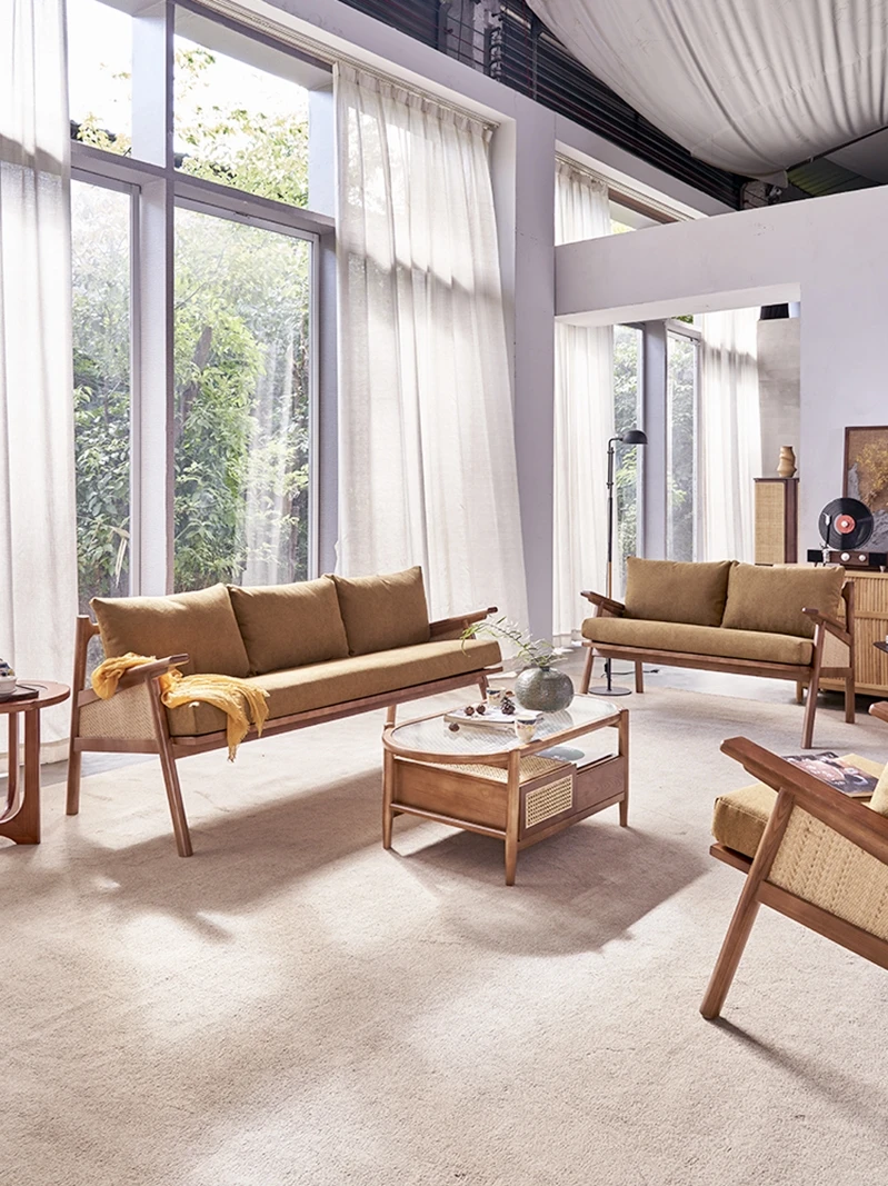 Nordic solid wood rattan woven sofa, three person coffee table combination, living room, home retro sofa chair, lounge chair
Nordic solid wood rattan woven sofa, three person coffee table combination, living room, home retro sofa chair, lounge chair