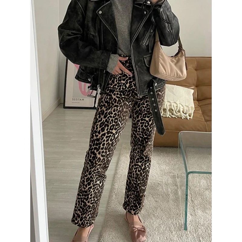 

Retro Fashionable Leopard Print Tapered Casual Pants Spring Personalized and Slim-Looking Cotton Slim Fit Pencil Pants Trousers