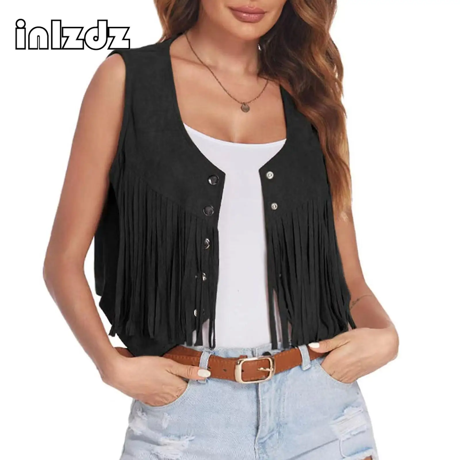 

Womens Sleeveless Tassel Waistcoat Punk Vintage Fringe Vest Faux SuedeIrregular Hem Jacket for Halloween Party Rock Concert