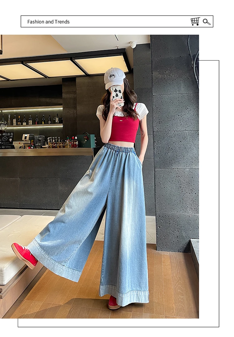 Summer Vintage Womens Loose Denim Wide Leg Pants Ladies Casual Elastic Waist Jeans Oversized Trousers Summer Vintage Womens Loose Denim Wide Leg Pants Ladies Casual Elastic Waist Jeans Oversized Trousers