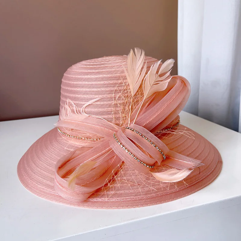 

French style handmade rhinestone feather fisherman hat organza flower fashion hat Fashion women's banquet top hat