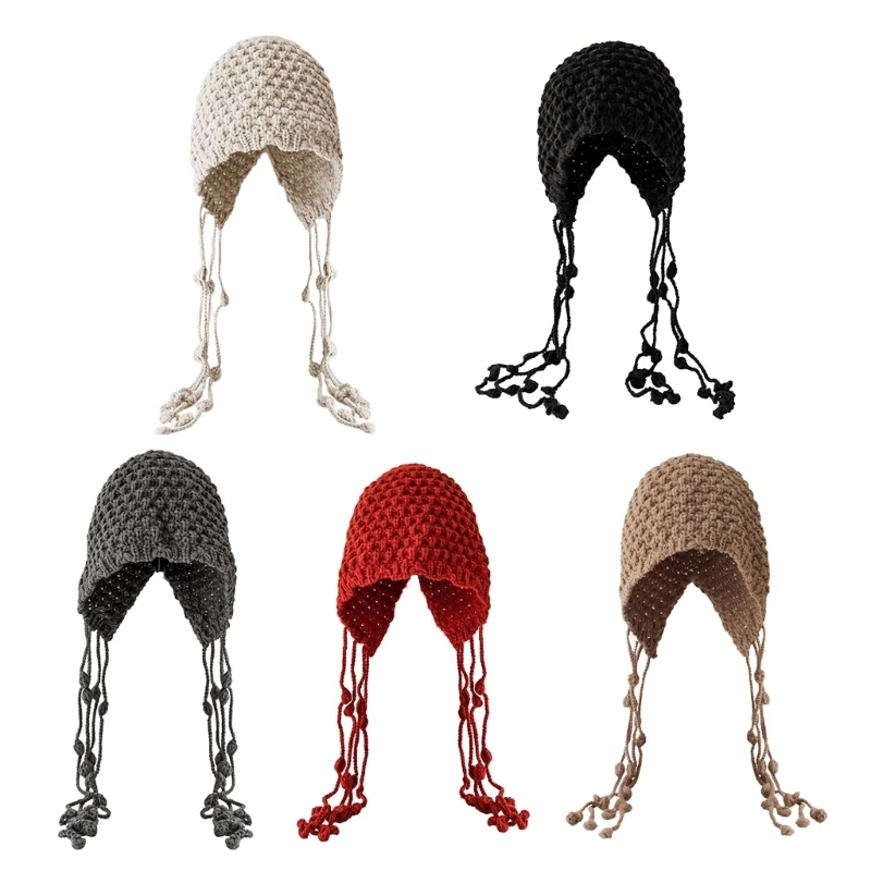 

Winter Cute Knit Hat Ear Flap Crochet Beanie Hat Female Knitted Hat with Long Tassels Handmade Pullover Cap