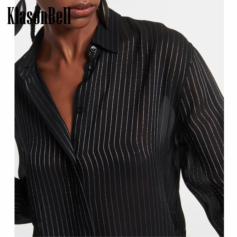 3.19 KlasonBell 2024 New Silk Gold Striped Long Sleeve Blouse Women Elegant Sexy Sheer Lapel Collar All-match Black Shirt
3.19 KlasonBell 2024 New Silk Gold Striped Long Sleeve Blouse Women Elegant Sexy Sheer Lapel Collar All-match Black Shirt