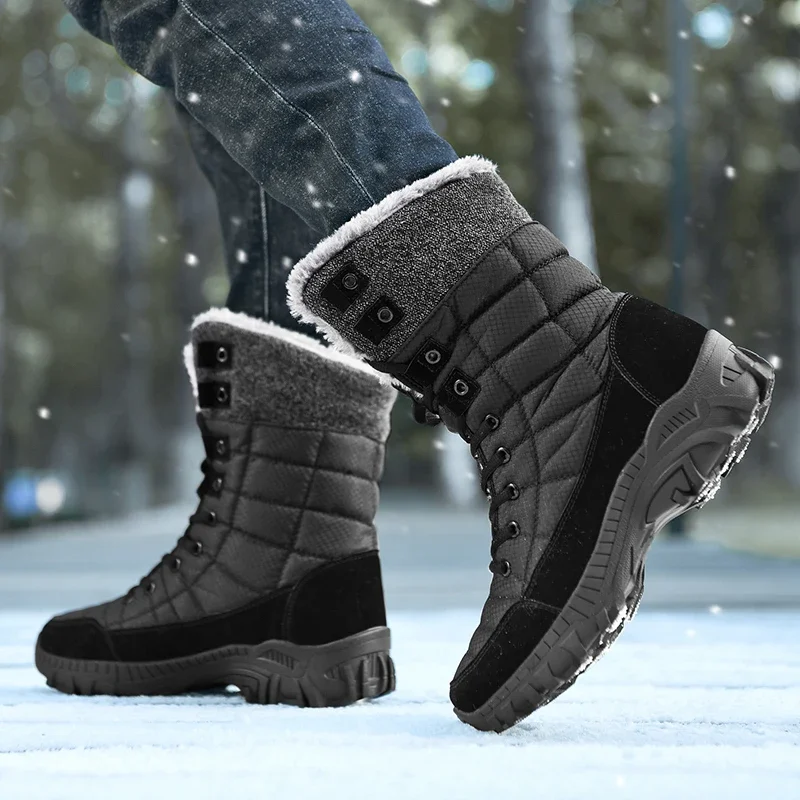 

Мужские ботинки на шнуровке, черные однотонные плюшевые удобные повседневные сапоги до колена, с круглым носком, на платформе, для зимы, 2023