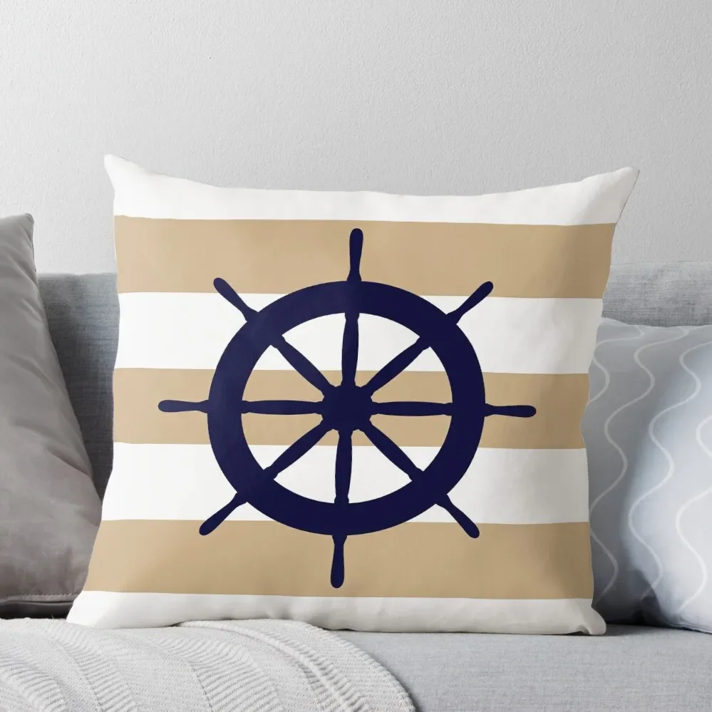 

Nautical Navy Blue Ship's Steering Wheel On Tropical Tan Stripes Throw Pillow Sofa Cover Pillowcases For Pillows
