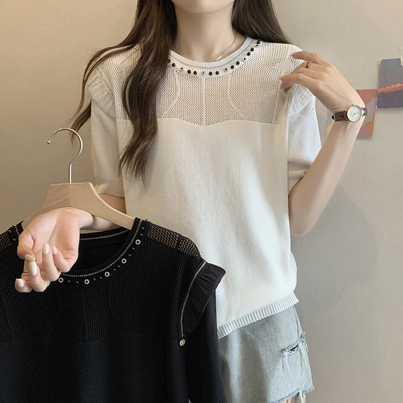 

French Chic Pullover Wooden Ear O Neck Lace Hollowt-out Bottom Shirt Summer New Women's Semi-high Neck Sweater Foreign Style