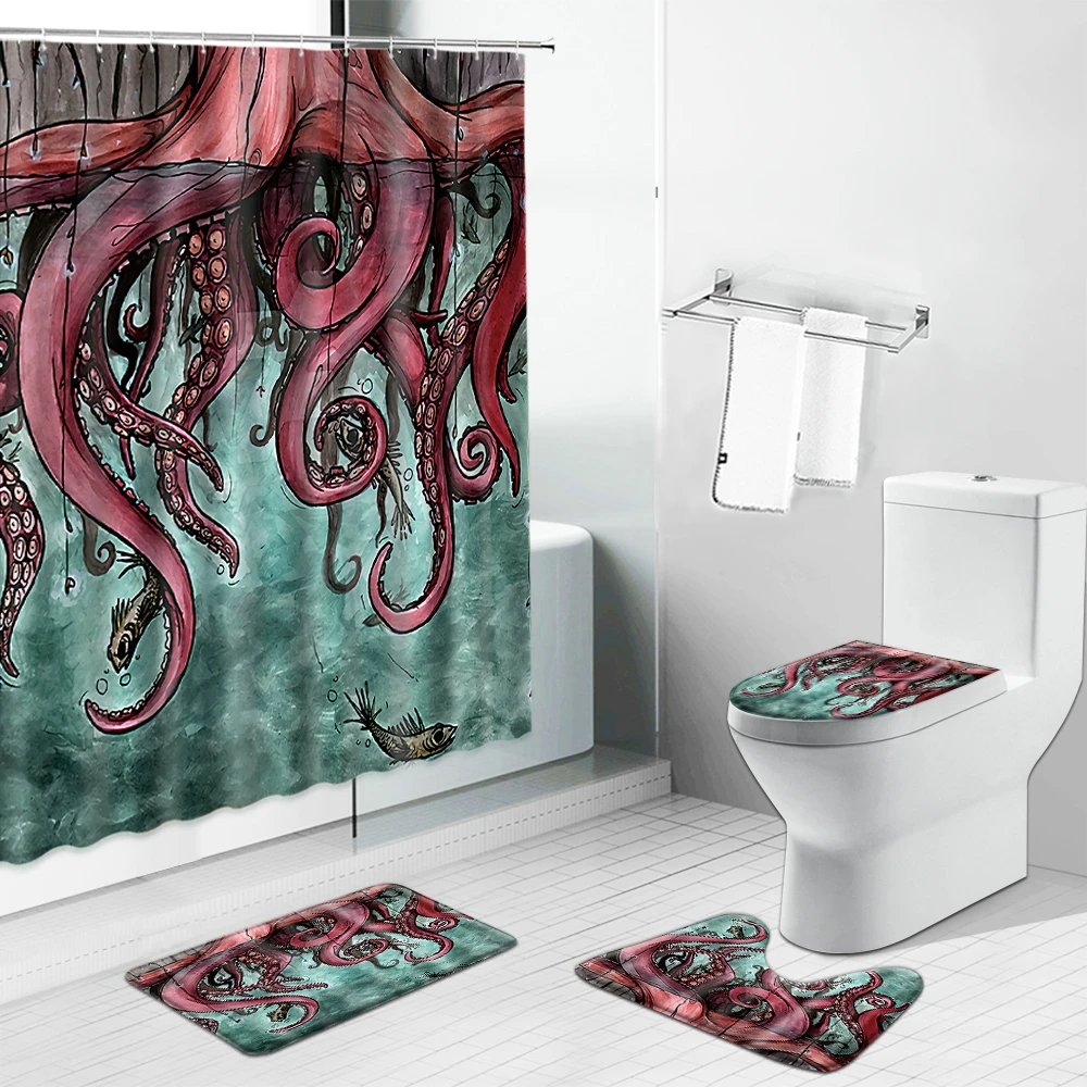 

Ocean Animal Octopus Shower Curtains Set Underwater World Dolphin Tropical Fish Sea Turtle Toilet Cover Bath Mat Bathroom Decor