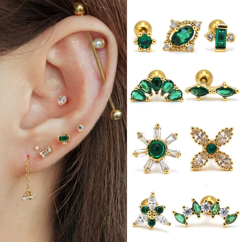 

1Piece Stainless Steel Stud Earring for Women Green Zircon Crystal Flower Cartilage Helix Conch Tragus Piercing Earrings Jewelry