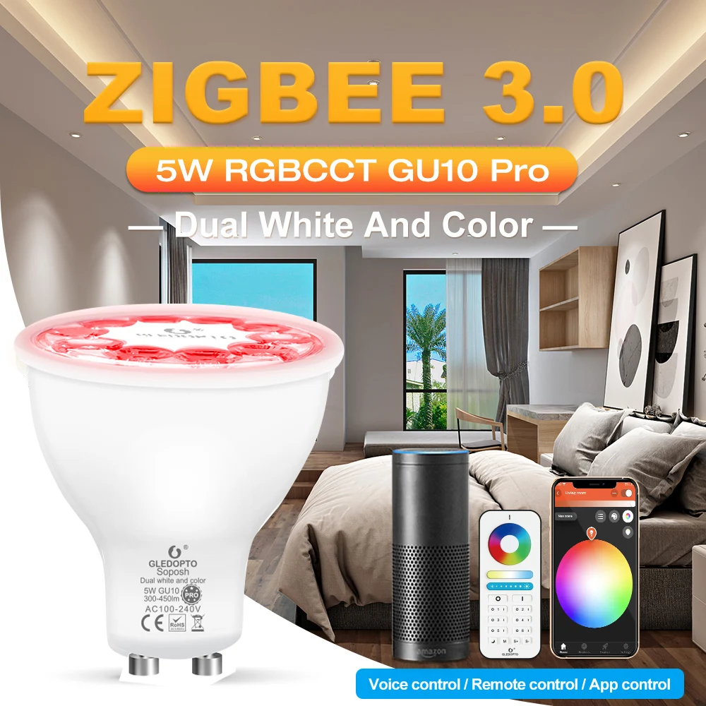 

GLEDOPTO ZigBee 3.0 5W GU10 RGB+CCT Pro Led Spotlight GL-S-006P Led Bulb AC100~240V App/Voic/Remote Control with Alexa Echo