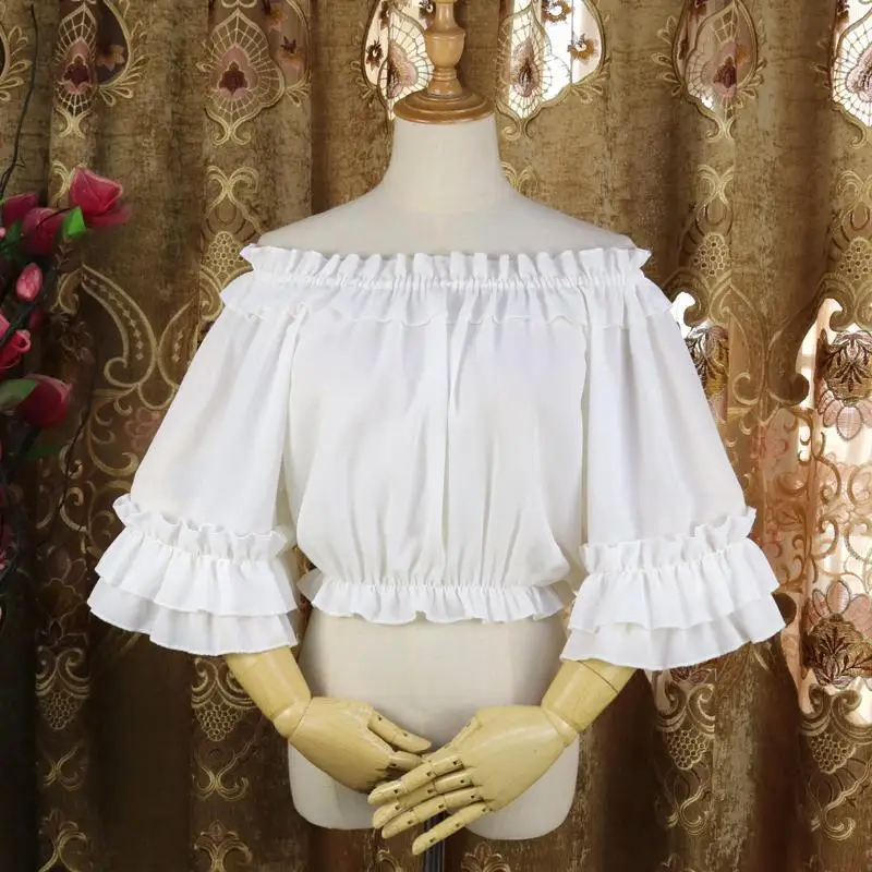 

Women Medieval Shirt White Lolita Vintage Victorian Renaissance Steampunk Gothic Blouse Ladies Short Design Party Lace Tops