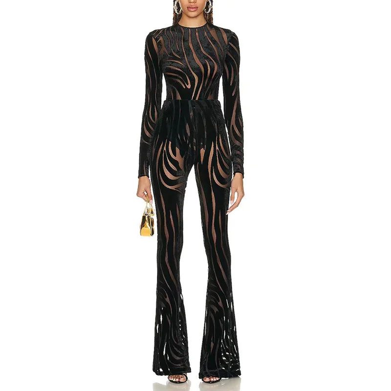 

odoodem womens fashion velvet see through zebra print rompers boot cut long pant outfits