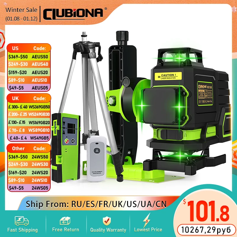 

CLUBIONA 16/12 Lines 3D/4D Laser Level Super Powerful Green Beam 360 Horizontal And Vertical Cross-Line Self-leveling Measure