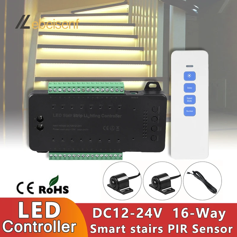 Smart LED Stair Step Light Bar Dimmable Controller DC 12V 24V 16 Way Max 240W with RF Wireless Remote and 2 PIR Motion Sensors
Smart LED Stair Step Light Bar Dimmable Controller DC 12V 24V 16 Way Max 240W with RF Wireless Remote and 2 PIR Motion Sensors