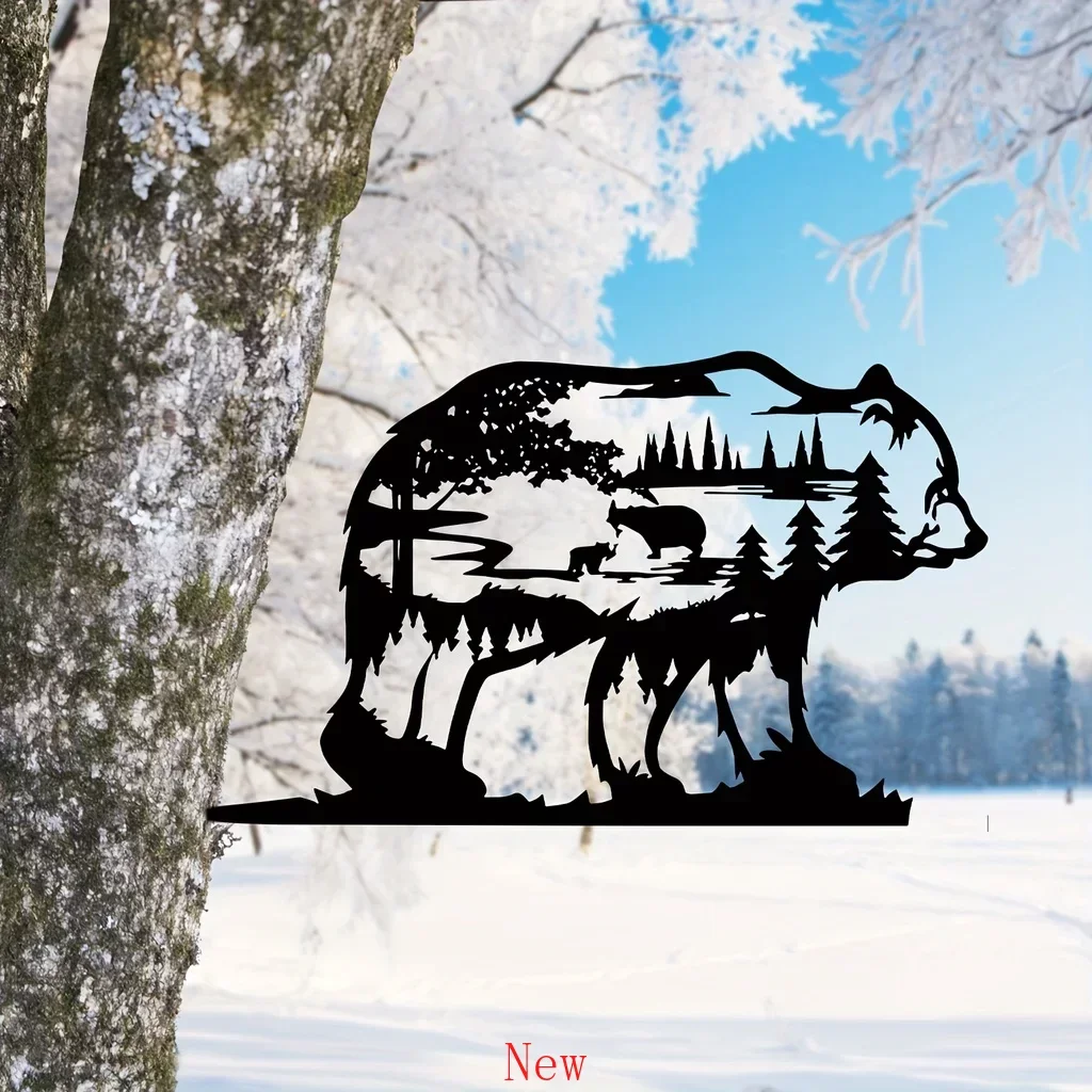 

Metal Home Art Decoration Forest Bear Silhouette Sculpture Ornament Rustic Cabin Farmhouse Wall Iron Tree Decorations Black wal