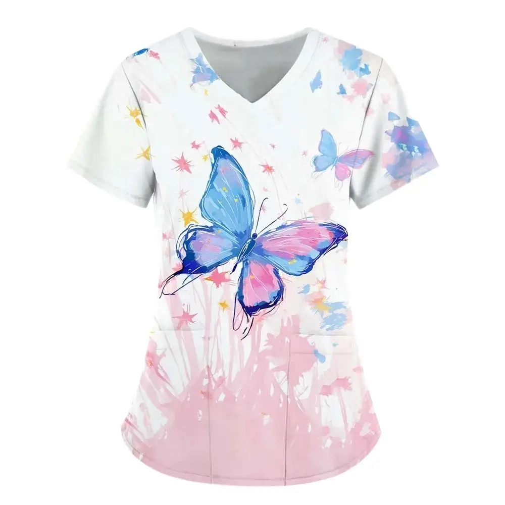 Women's Fashion Short Sleeve Clothing Butterfly Element 3D Printed V-Neck T-shirt Pocket Work Clothing Medical Nurse Clothing
Women's Fashion Short Sleeve Clothing Butterfly Element 3D Printed V-Neck T-shirt Pocket Work Clothing Medical Nurse Clothing
