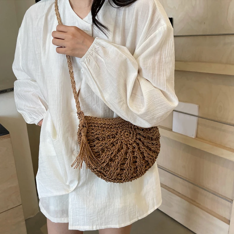 Half Round Rattan Beach Bag - Woven Crossbody with Zipper Closure 10 Sb2c0bf8c05e84610929143cfb6d50a68z