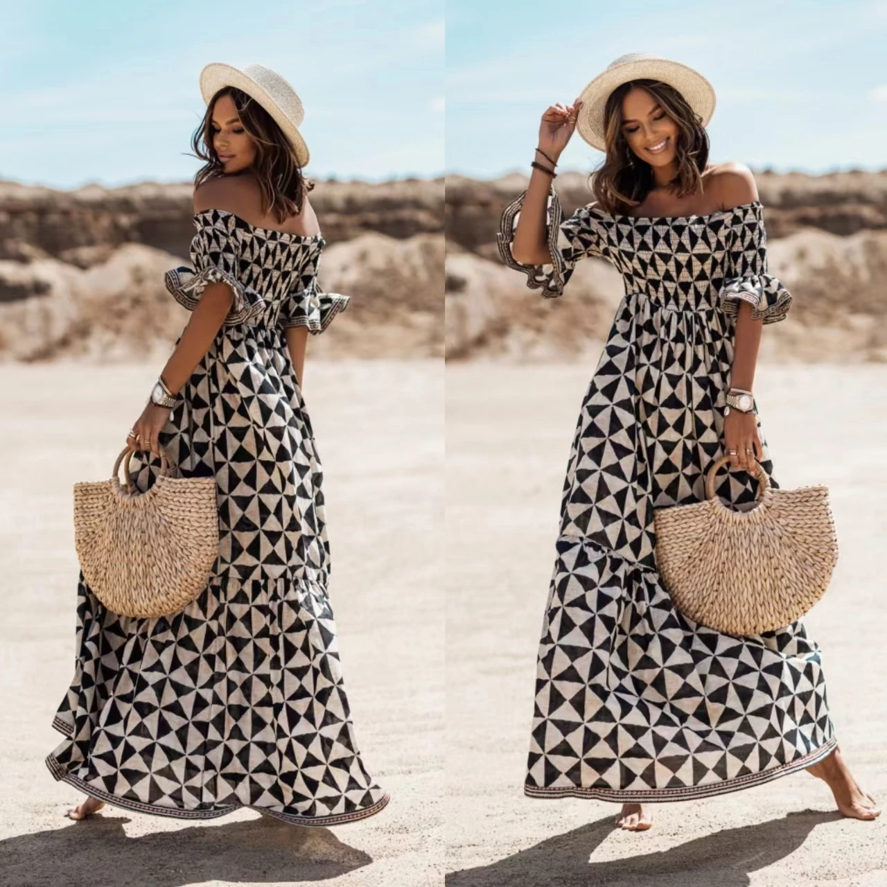 Fashion Rhombus Print Dress Elegant Backless Ruffle Skirt Slim Party Sexy Off Shoulder Long Dress Casual Beach Women Boho Dress
Fashion Rhombus Print Dress Elegant Backless Ruffle Skirt Slim Party Sexy Off Shoulder Long Dress Casual Beach Women Boho Dress