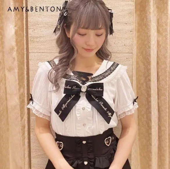 Sailor Collar Short Sleeve Shirt Pearl Embroidery Lace Lolita Mine Series Tight Stretch Tops Sweet Girls Solid Color Blouse
Sailor Collar Short Sleeve Shirt Pearl Embroidery Lace Lolita Mine Series Tight Stretch Tops Sweet Girls Solid Color Blouse