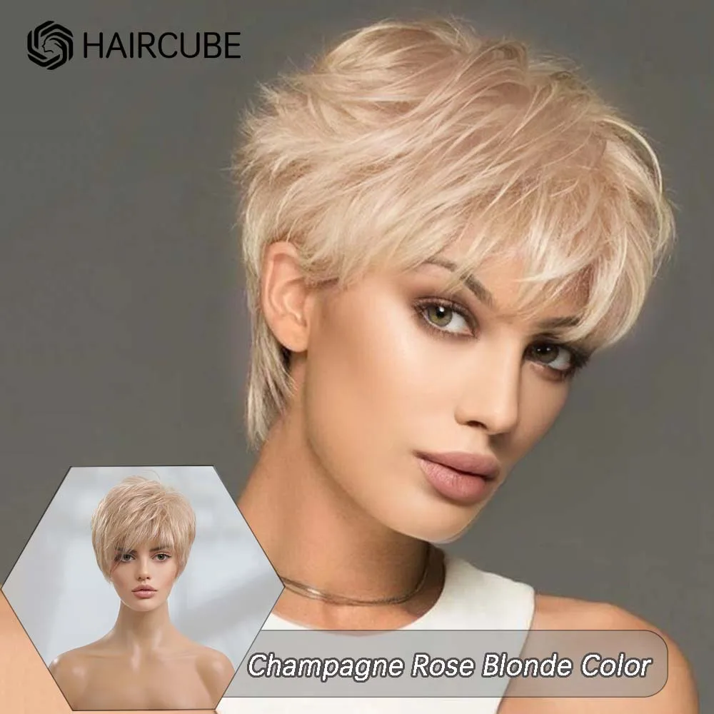 

HAIRCUBE Short Champagne Blonde Pixie Cut Wigs Human Hair Blend Wig Layered Women's Wavy Wig with Side Fluffy Bang Natural Daily