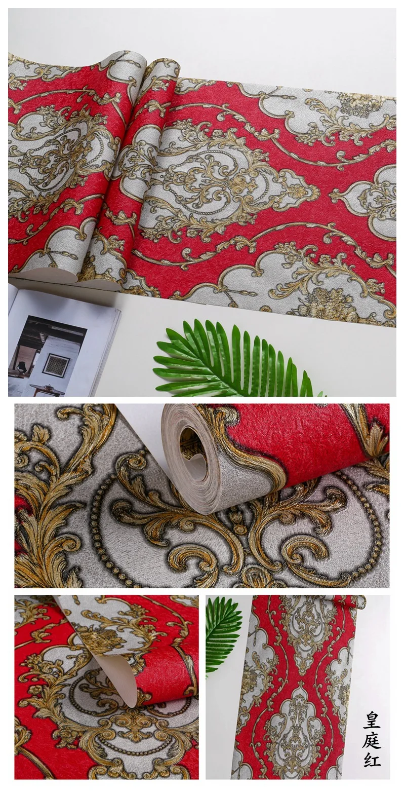 Generic Luxury Red Damask Wllpaper Retro 3D Stereo European Floral Wallpaper Damascus Bedroom
