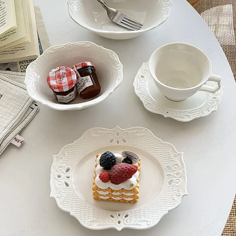 

European Relief Ceramic Dinner Plates and Dishes Nordic Modern Palace White Coffee Cup Saucer Afternoon Tea Cake Dessert Plate