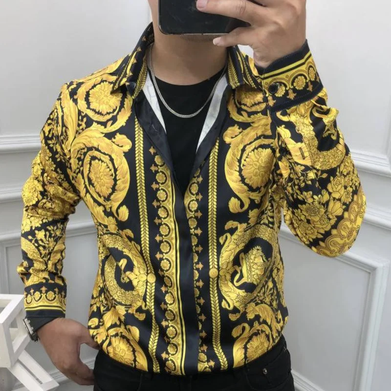 Роскошная мужская рубашка с золотым цветком, Повседневная рубашка Camisa Masculina, тонкая рубашка с треугольным принтом, мужская рубашка в черно-золотую клетку
Роскошная мужская рубашка с золотым цветком, Повседневная рубашка Camisa Masculina, тонкая рубашка с треугольным принтом, мужская рубашка в черно-золотую клетку