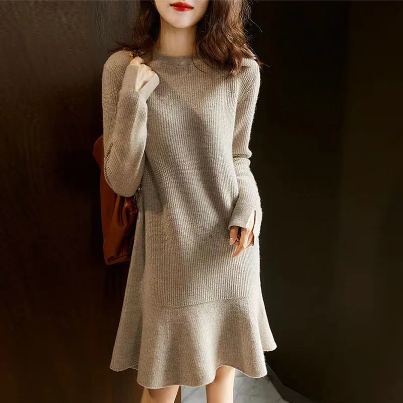 

Модное платье-пуловер с оборками на осень и зиму, плотный теплый трикотажный свитер с длинным рукавом, шерстяной женский свитер
