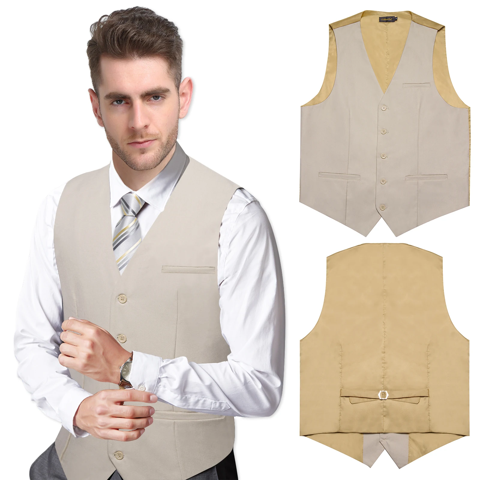 

Casual Men's Vest Cream White Sleevess Waistcoat Formal Dress Slim Fit Shirt Tuxedo Accessory Necktie pocket Square four Seasons