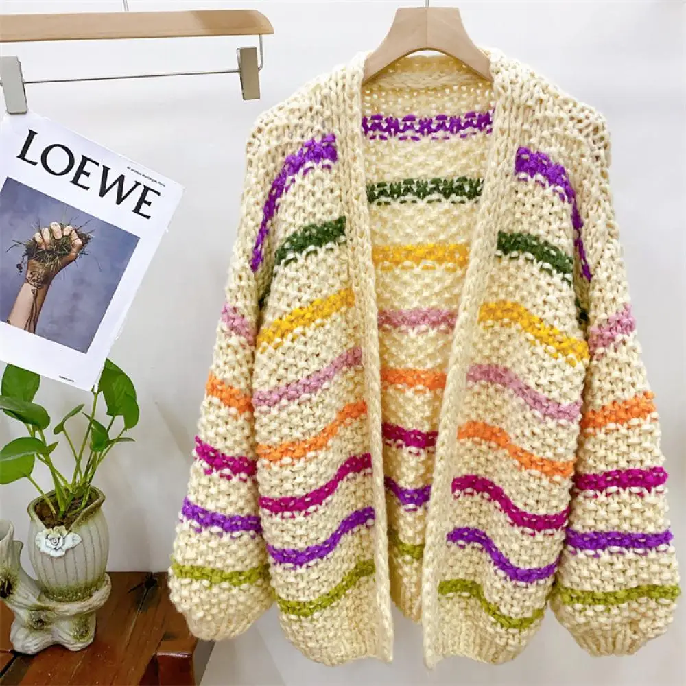 

Rainbow Striped Color Blocking Top Cardigans Handcrafted Woven Rod Needle Medium Length Coat Sweater Lazy Style 2024 New