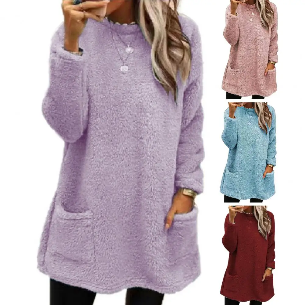Women Fall Winter Sweatshirt Round Neck Loose Pockets Double-sided Thick Plush Warm Long Sleeve Pullover Mid Length Lady Top
Women Fall Winter Sweatshirt Round Neck Loose Pockets Double-sided Thick Plush Warm Long Sleeve Pullover Mid Length Lady Top