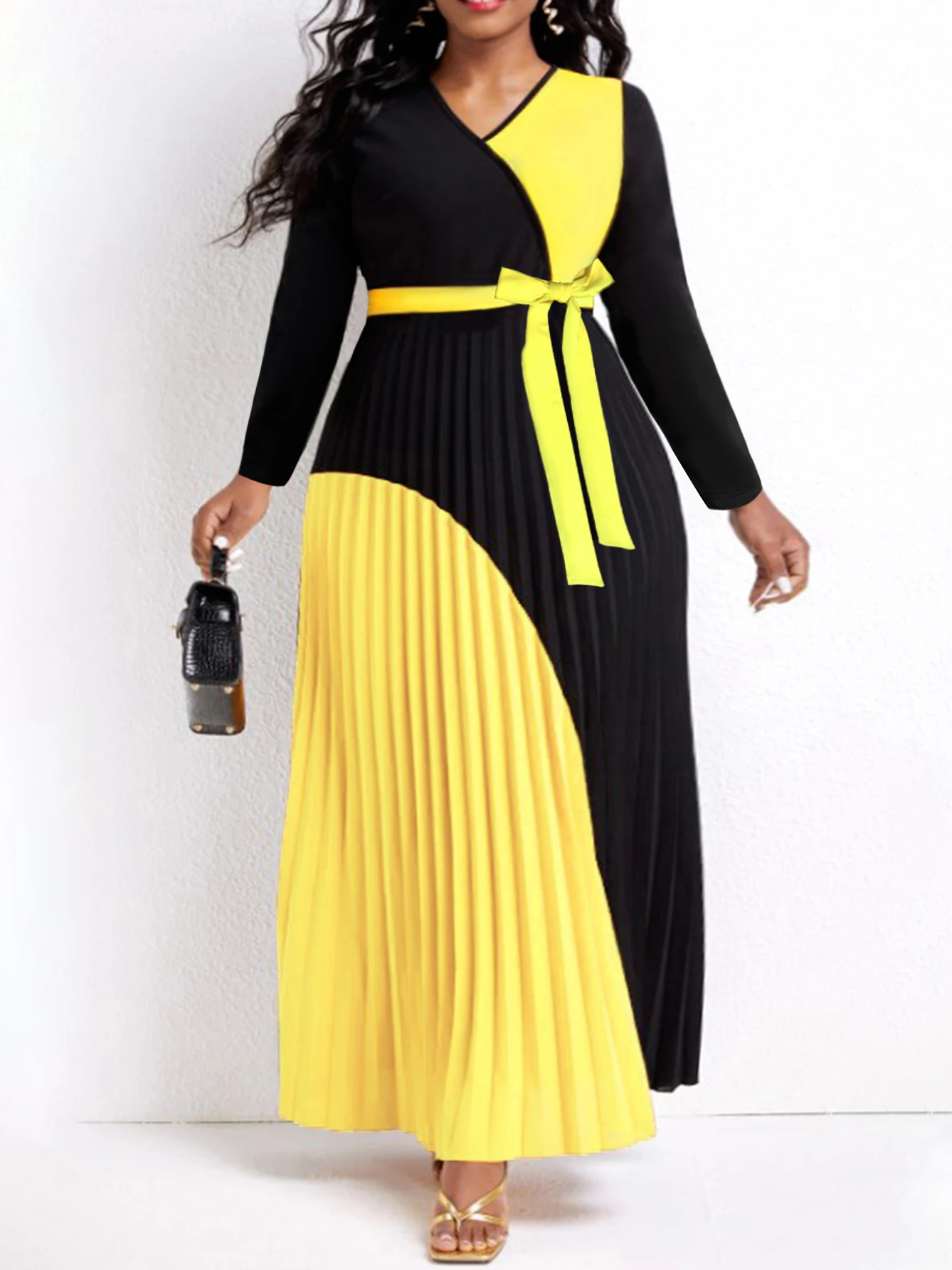 

LW Elegant Fall Maxi Dresses Bandage Design Tiered Pleated A Line Dress Belted Long Sleeve V Neck Flowy Patchwork Vestidos