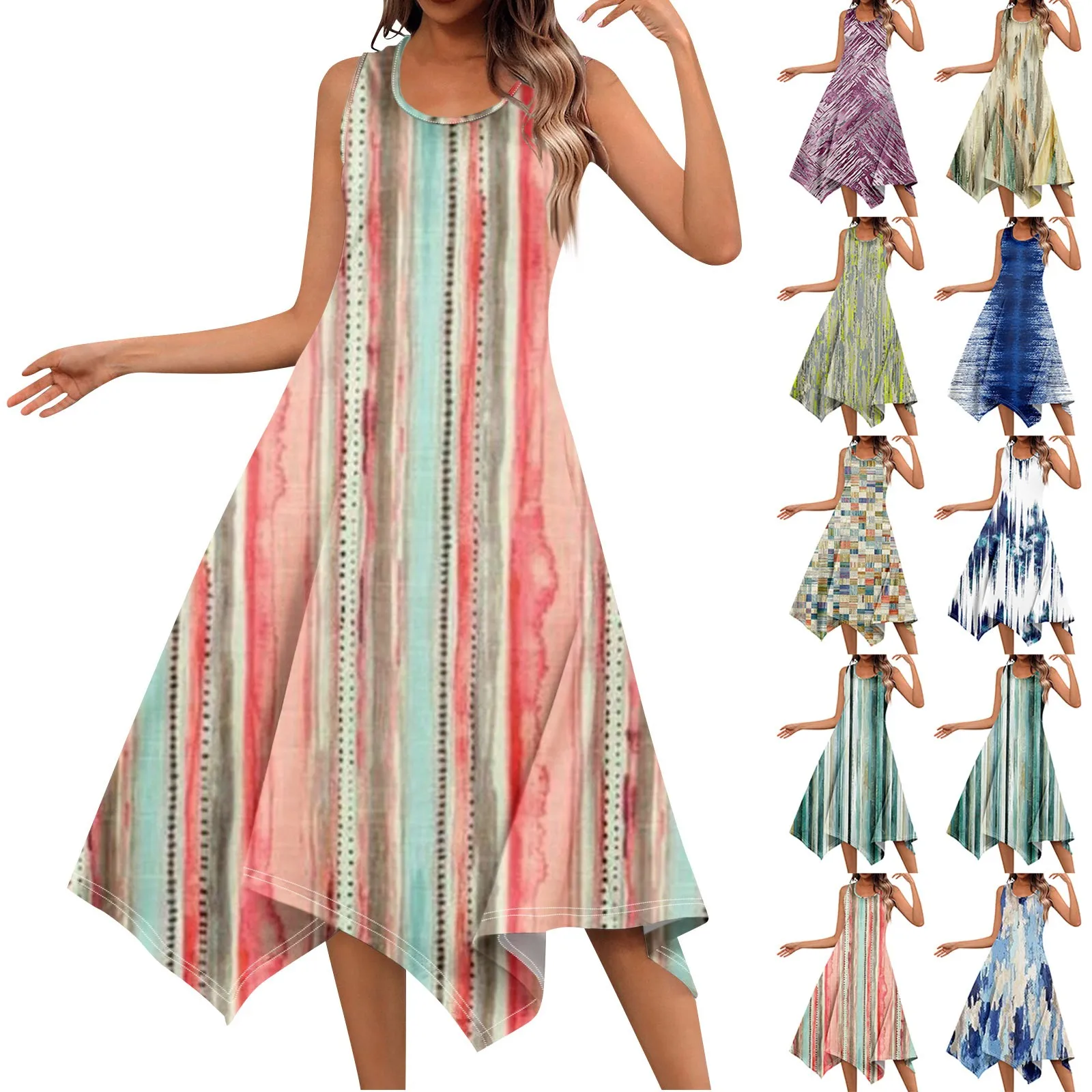 

Women's Casual Fashion Round Neck Sleeveless Print Irregular Hem Midi Dress elegant and pretty women's dresses summer dresses