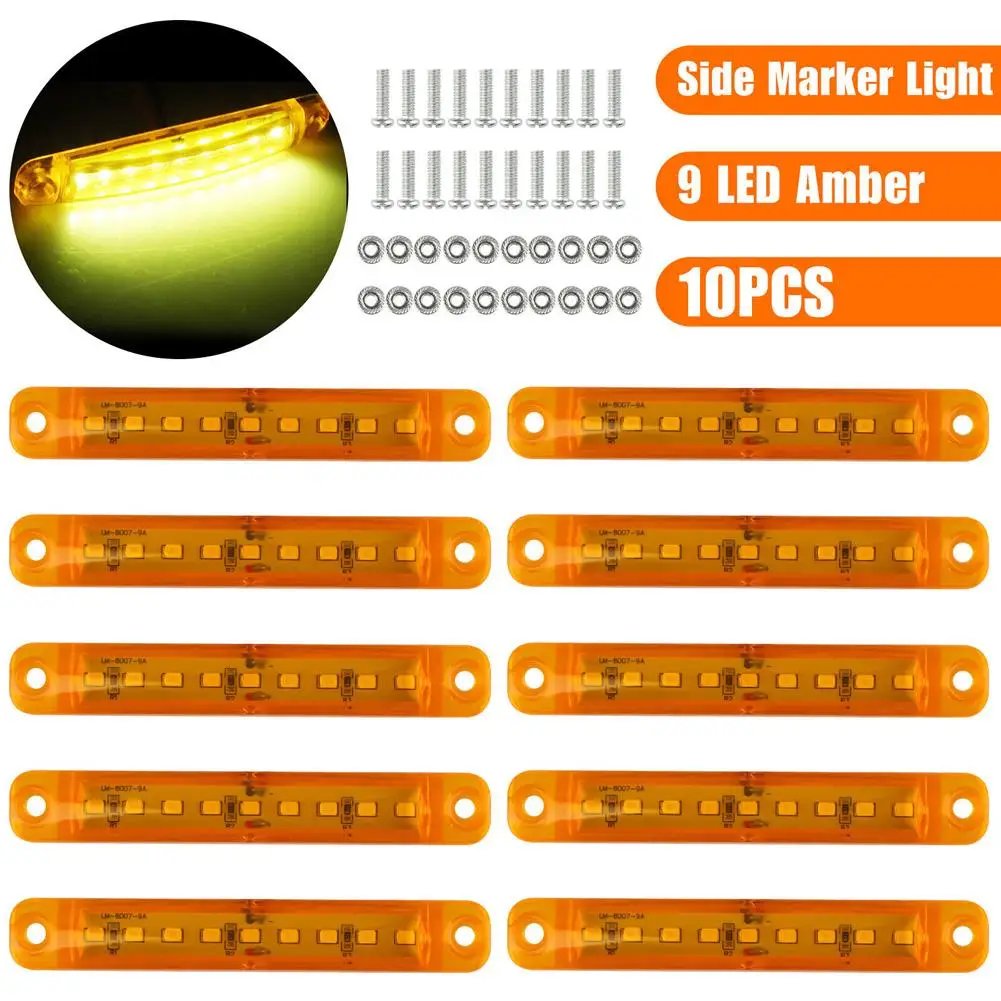 

10Pcs Car Amber Side Marker Lights 9LED Waterproof Tail Light Bar Clearance Lamp For Truck Trailer Van RV