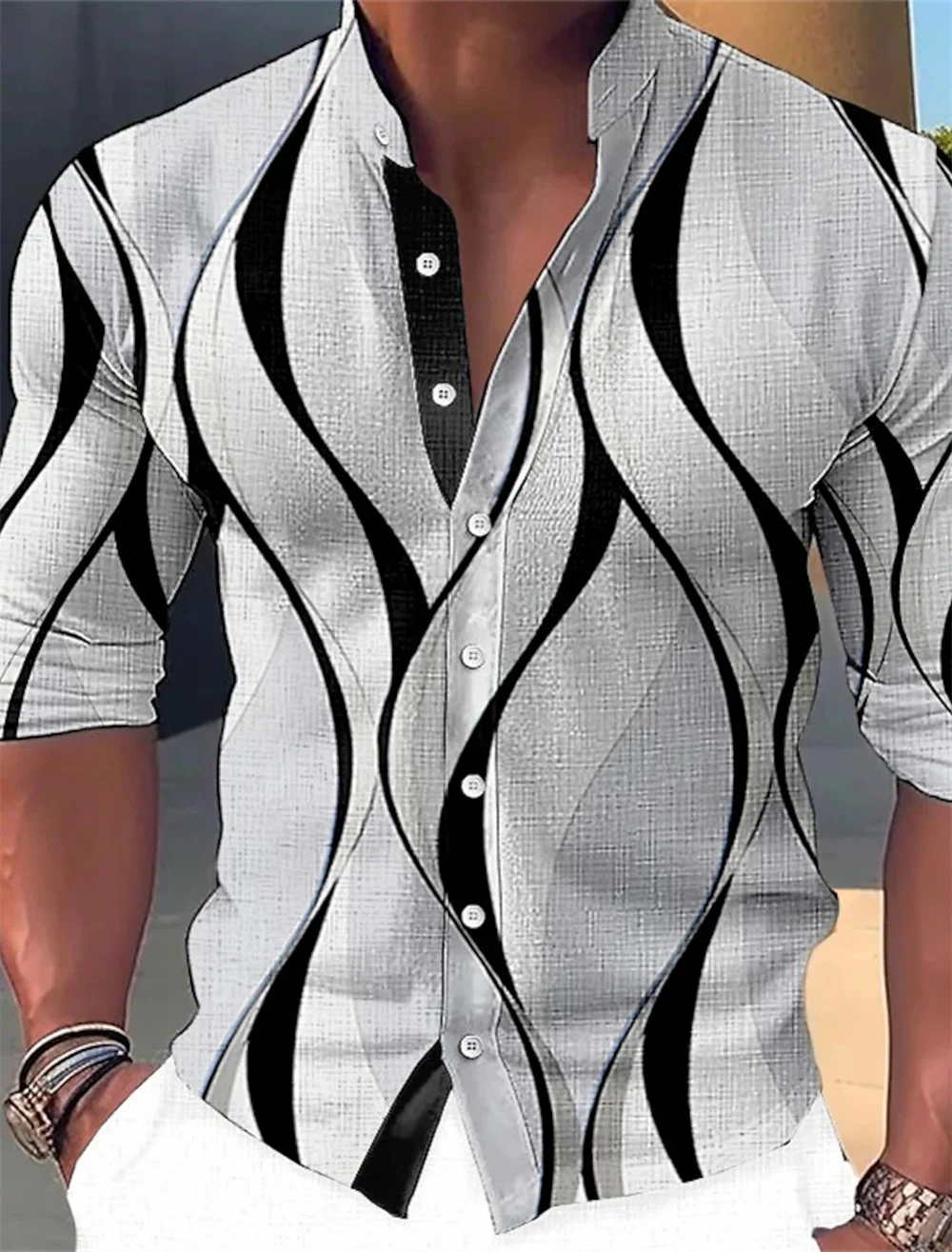 

Мужская летняя рубашка для отпуска с воротником-стойкой и длинными рукавами, кардиган с абстрактным принтом в стиле ретро, Мужская Дизайнерская одежда