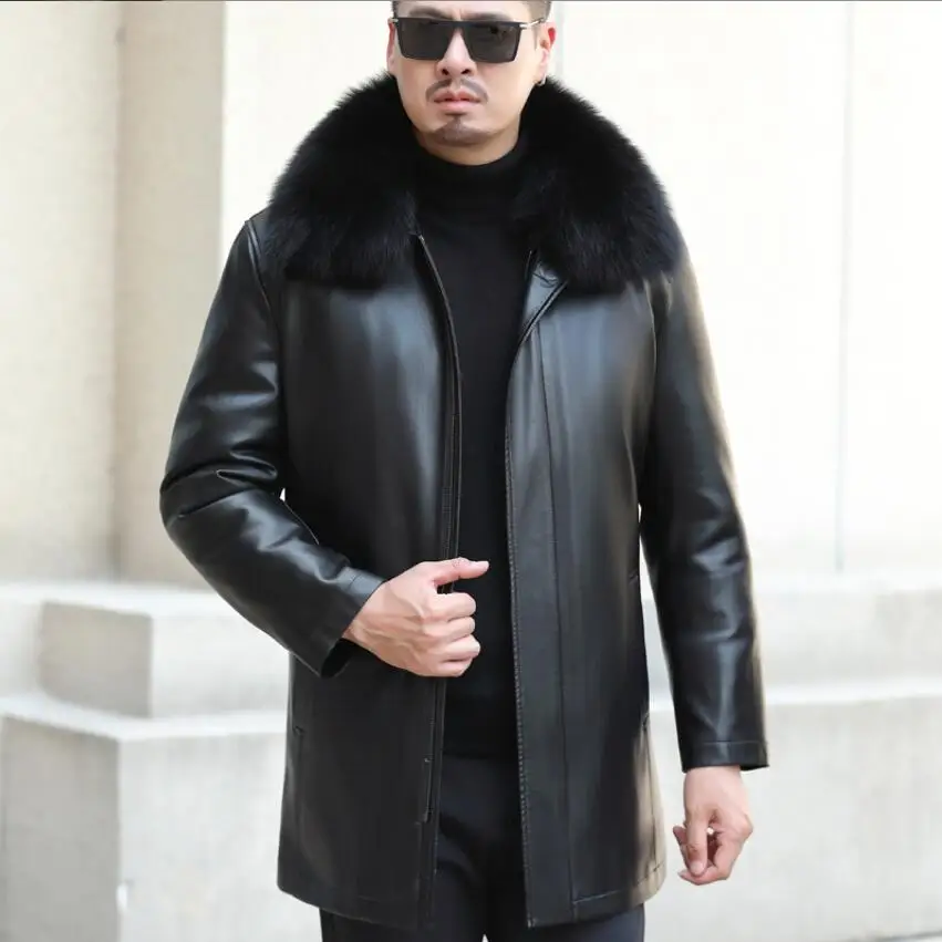 

Winter Men's Genuine Leather Down Jacket White Duck Down Filling Natural Fox Fur Collar Plus Fertilizer Plus Size