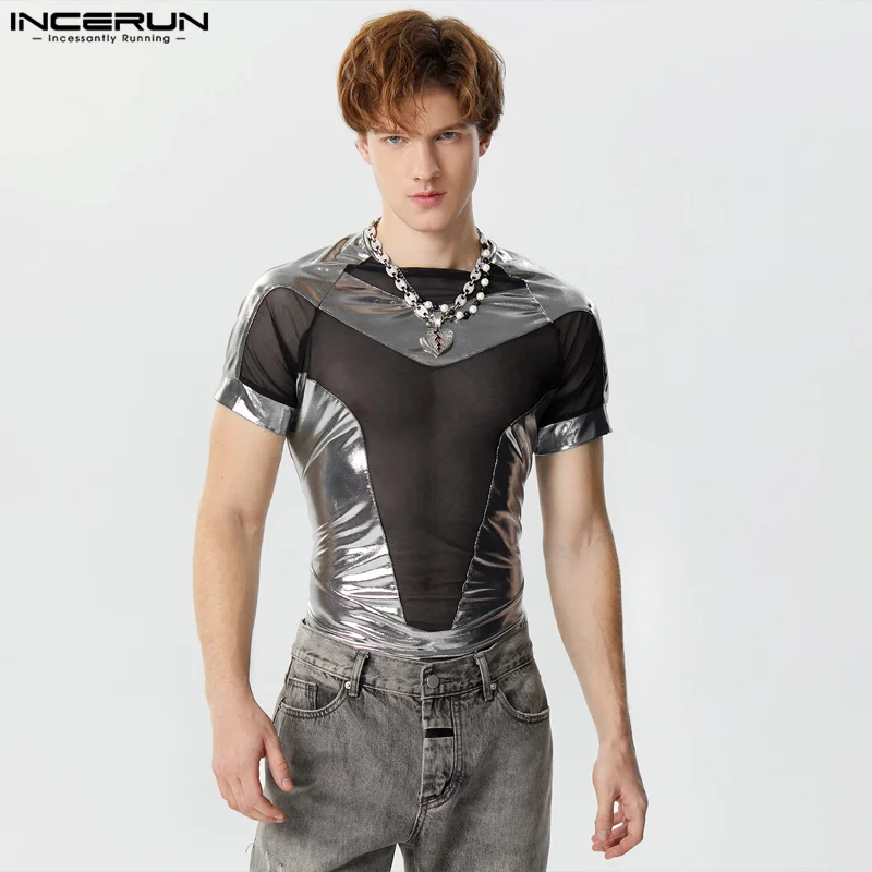 

Sexy New Men's Homewear Flash Splicing Mesh Design Jumpsuits Fashionable Male Short Sleeve Triangle Bodysuits S-3XL INCERUN 2024