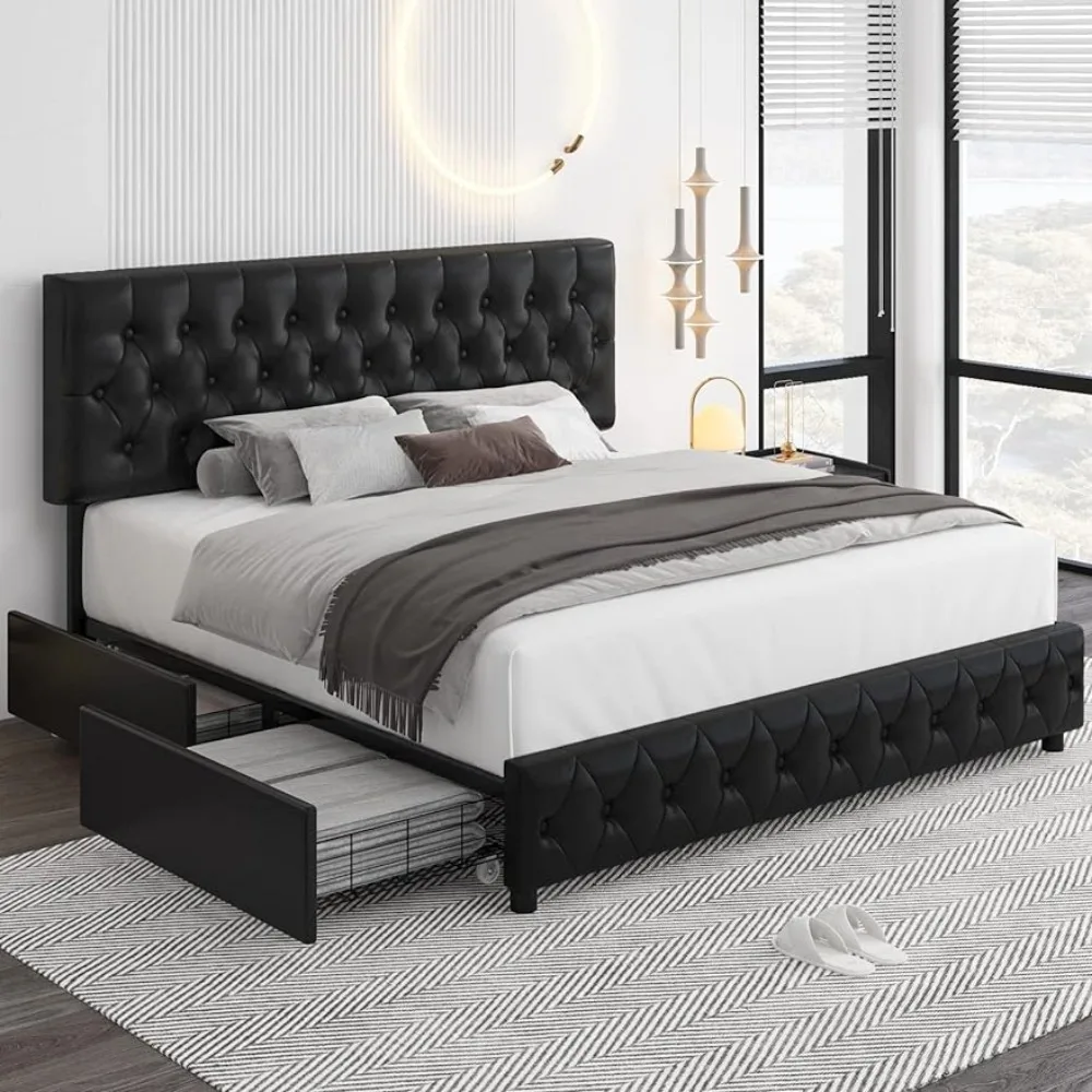 Bed Frame Faux Leather Upholstered with 4 Storage Drawers,Solid Wooden Slat Support,Full Size Bed Frame Black
Bed Frame Faux Leather Upholstered with 4 Storage Drawers,Solid Wooden Slat Support,Full Size Bed Frame Black