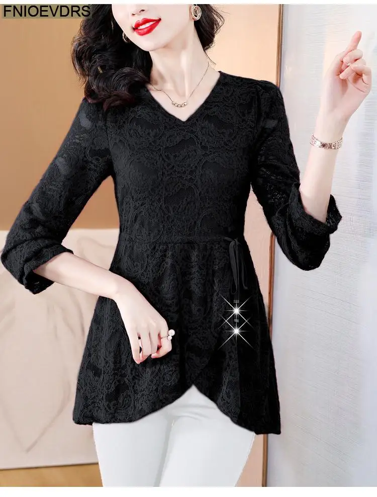 M-4XL Hollow Out Lace Shirts2023 Women European Style Office Lady Drawstring Waist Bow Tie Thick Winter Tunic Peplum Top Blouses M-4XL Hollow Out Lace Shirts2023 Women European Style Office Lady Drawstring Waist Bow Tie Thick Winter Tunic Peplum Top Blouses