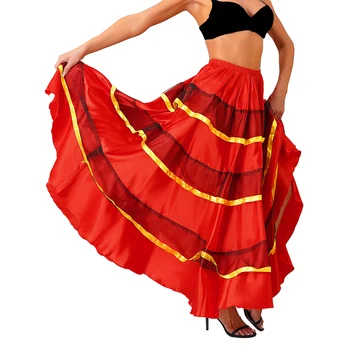 여성 집시 플라멩코 빅 스윙 댄스 스커트, 계단식 프릴, 넓은 헴라인 볼룸 밸리, 스페인 댄스 스커트, 카니발 코스튬