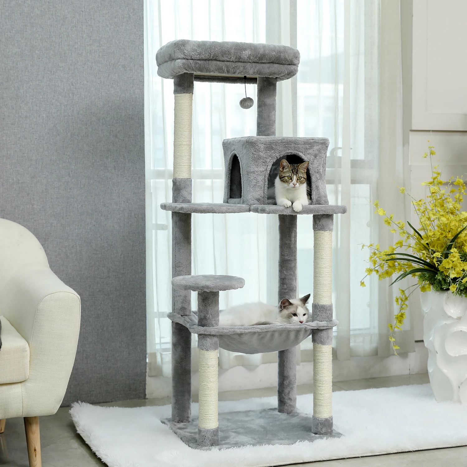 

143Cm Tall Multi-Level Cat Tower With Large Hammock (50.8x40.64cm), Sisal Scratching Posts, Cozy Condo & Top Perch Cat Tree