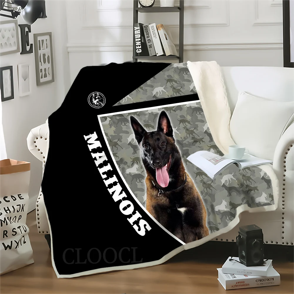 

HX New Fashion Blanket Animal Dog Malinois Camouflage Splicing 3D Printed Throw Blankets for Bed Double Layer Quilts
