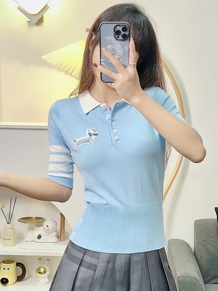 

Женская трикотажная рубашка-поло, тонкая футболка синего цвета с отложным воротником, укороченные топы с изображением милой собаки, привлекательная футболка четырех атм.